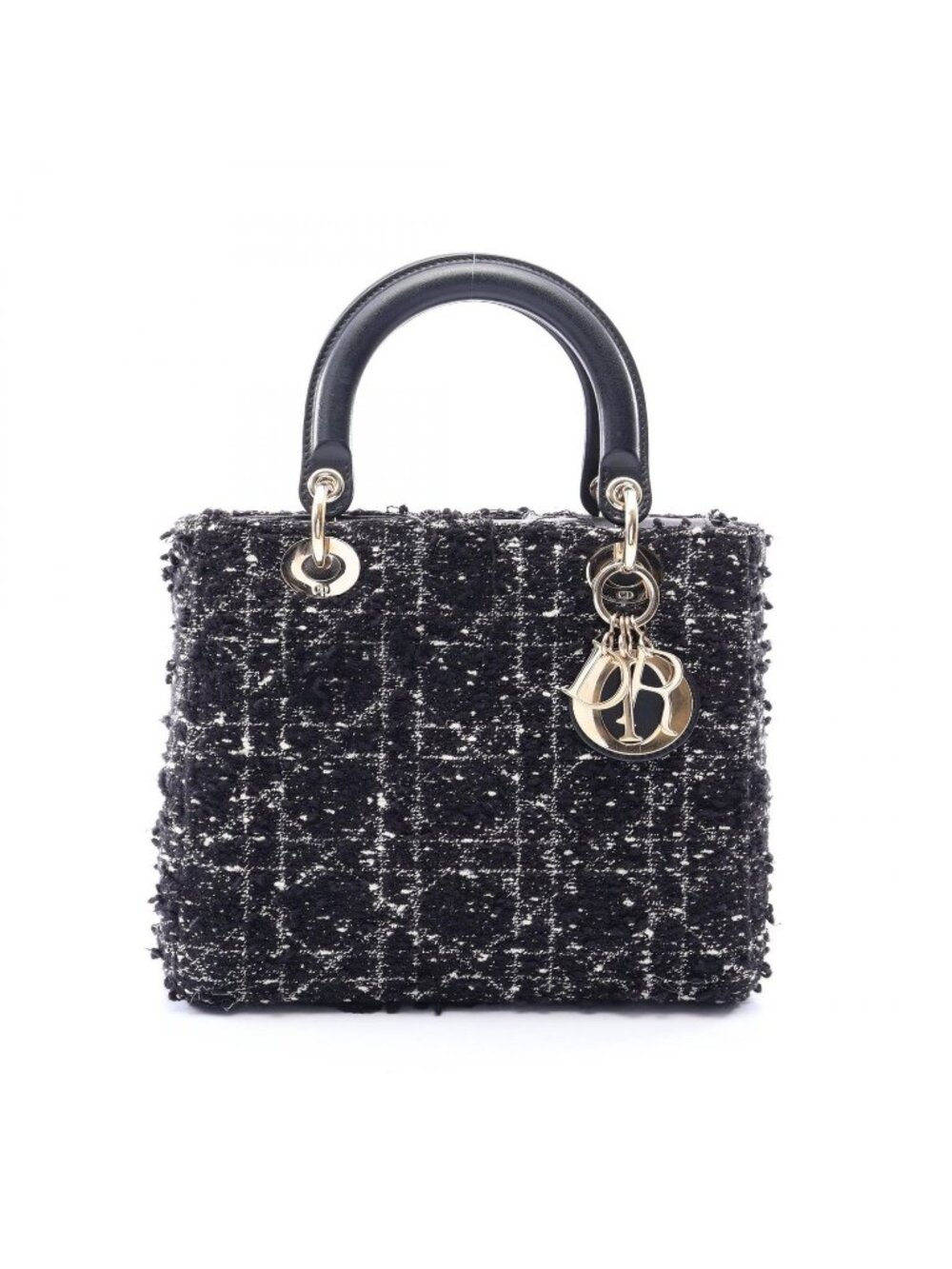 Dior Handbag Lady Dior Black White Fabric Leather 2-Way Tote Medium